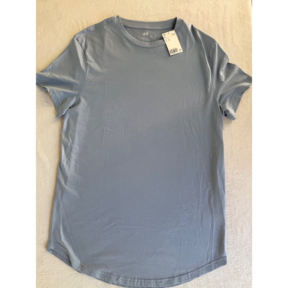 H&M T-Shirt Mens Medium Blue Cotton Blend Long Fit Curved Hem Short Sleeve Tee